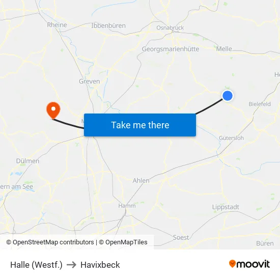 Halle (Westf.) to Havixbeck map