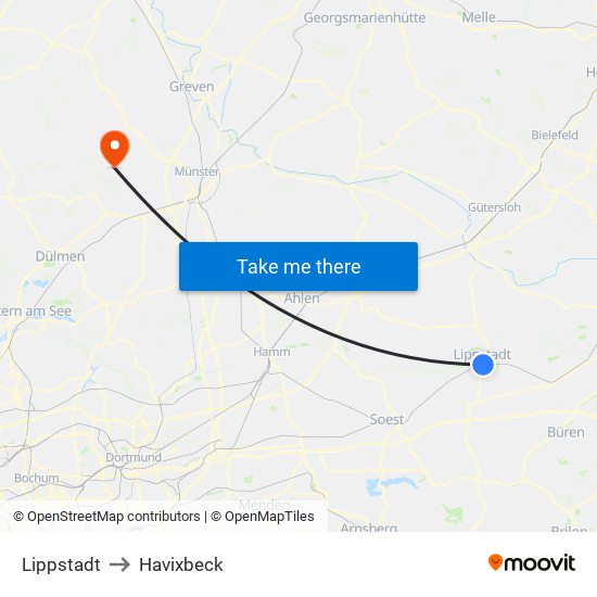 Lippstadt to Havixbeck map