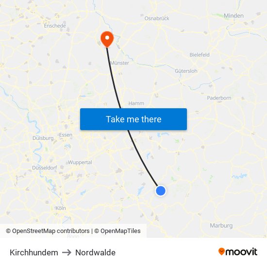 Kirchhundem to Nordwalde map