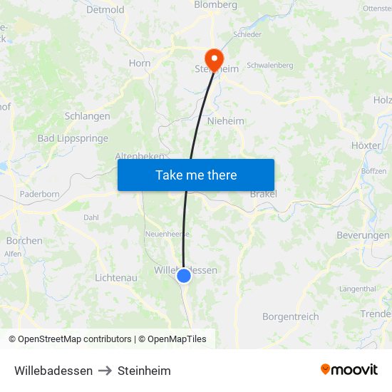 Willebadessen to Steinheim map