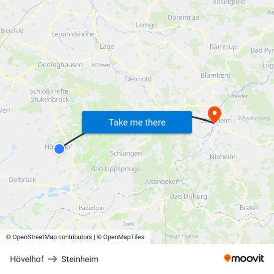 Hövelhof to Steinheim map