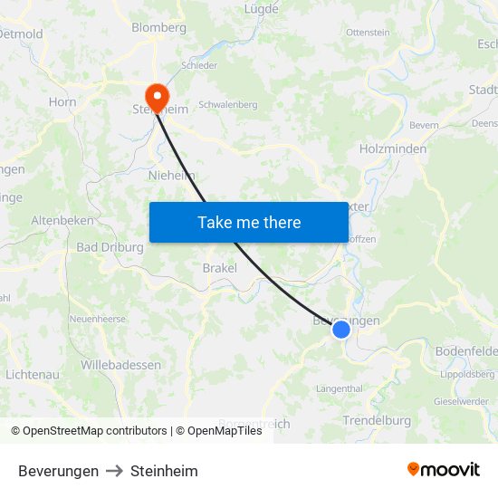 Beverungen to Steinheim map