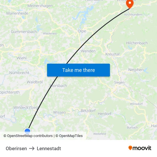 Oberirsen to Lennestadt map