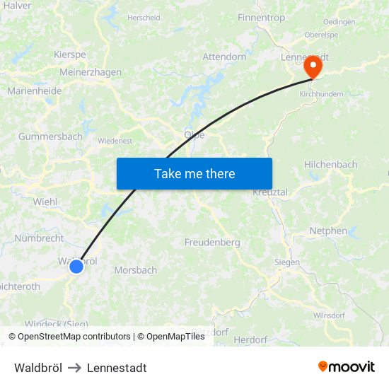 Waldbröl to Lennestadt map