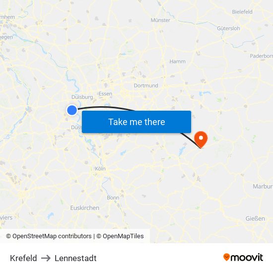 Krefeld to Lennestadt map