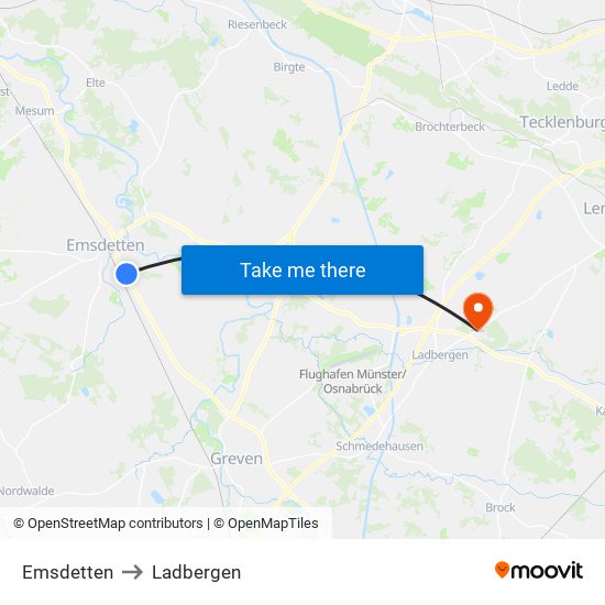 Emsdetten to Ladbergen map