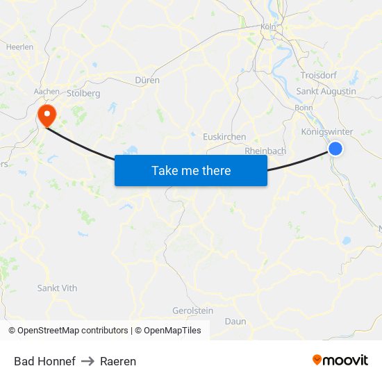 Bad Honnef to Raeren map