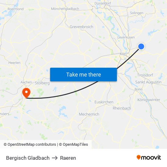 Bergisch Gladbach to Raeren map