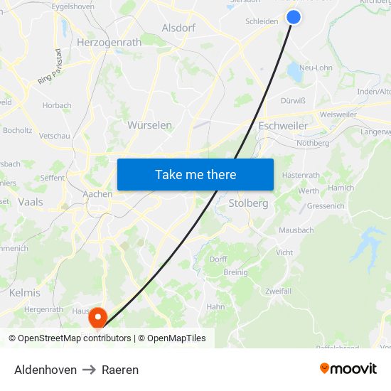 Aldenhoven to Raeren map