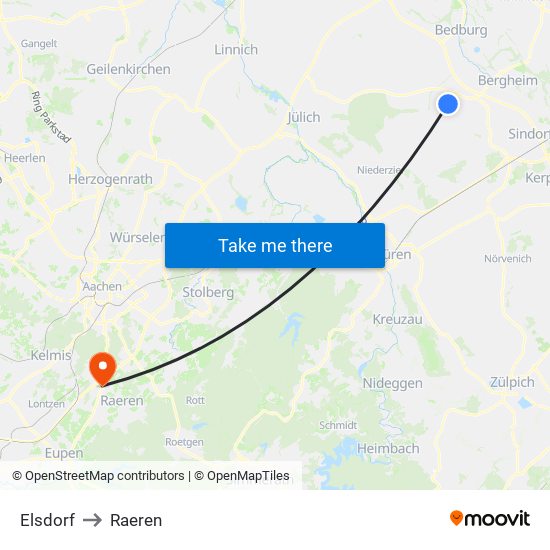 Elsdorf to Raeren map