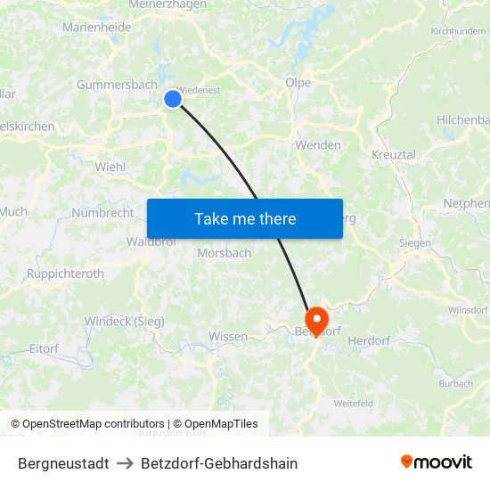 Bergneustadt to Betzdorf-Gebhardshain map