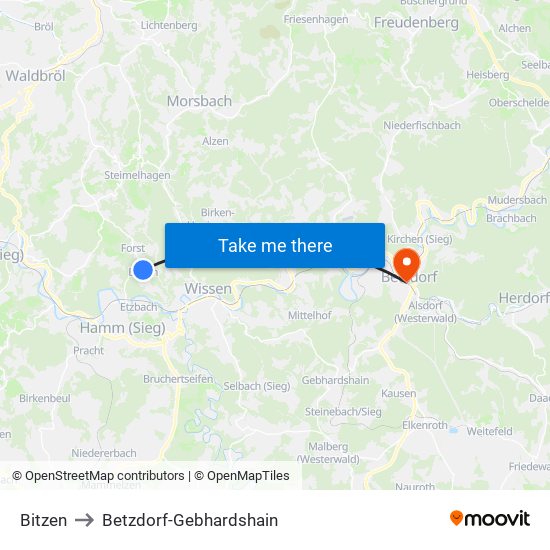 Bitzen to Betzdorf-Gebhardshain map
