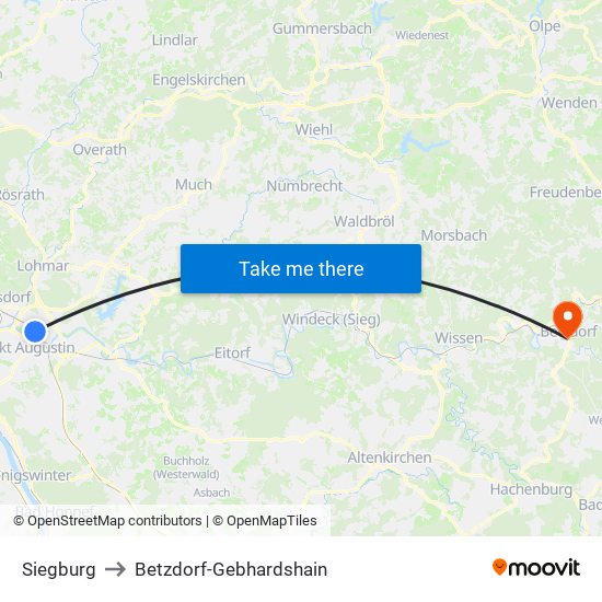 Siegburg to Betzdorf-Gebhardshain map