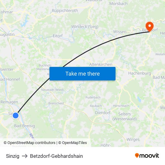 Sinzig to Betzdorf-Gebhardshain map