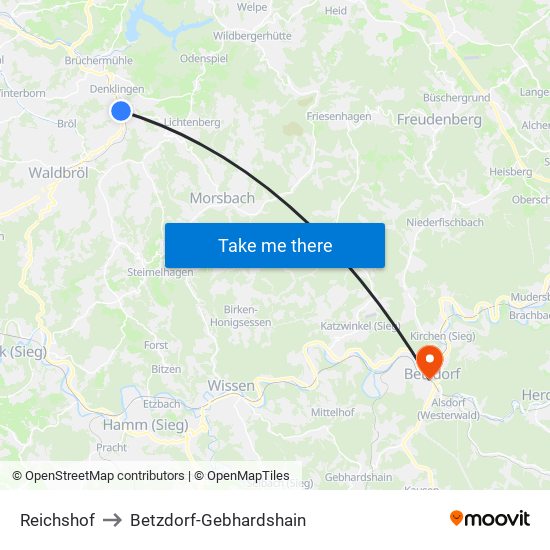 Reichshof to Betzdorf-Gebhardshain map