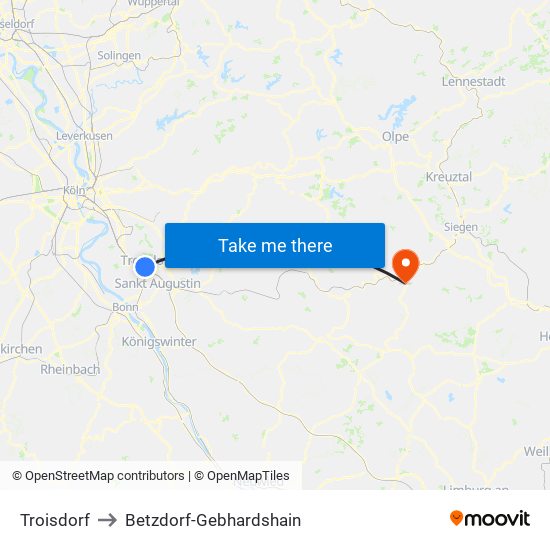 Troisdorf to Betzdorf-Gebhardshain map