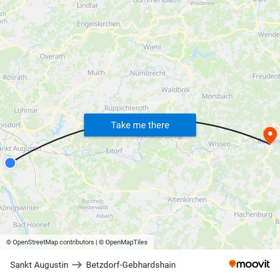Sankt Augustin to Betzdorf-Gebhardshain map