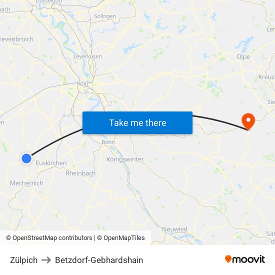 Zülpich to Betzdorf-Gebhardshain map
