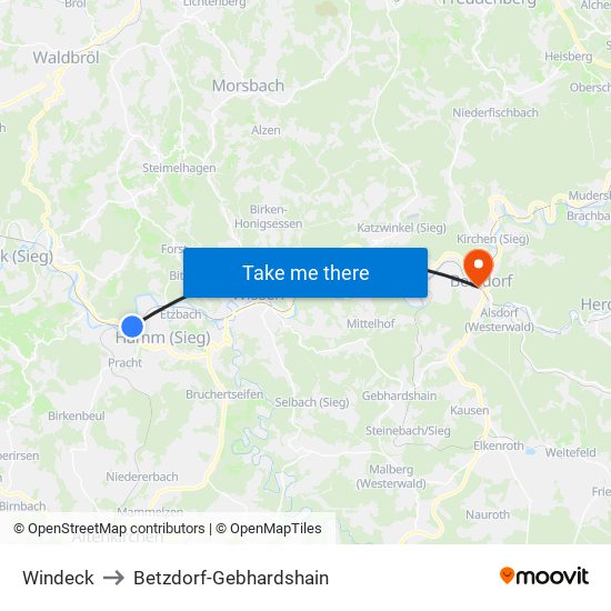 Windeck to Betzdorf-Gebhardshain map