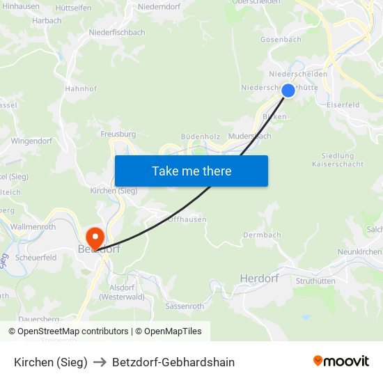 Kirchen (Sieg) to Betzdorf-Gebhardshain map