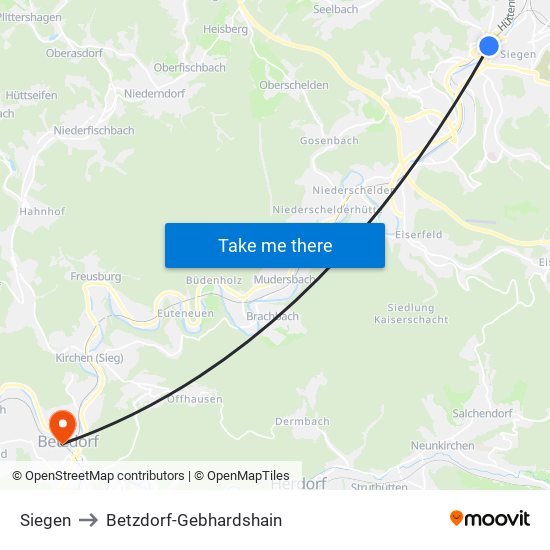 Siegen to Betzdorf-Gebhardshain map