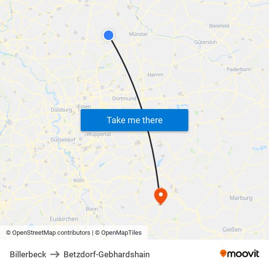 Billerbeck to Betzdorf-Gebhardshain map