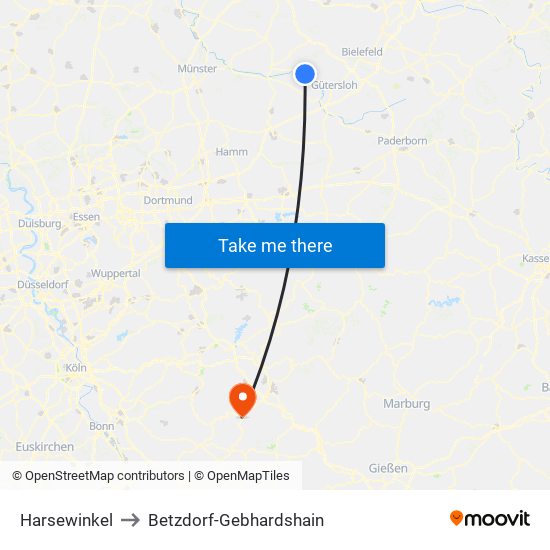 Harsewinkel to Betzdorf-Gebhardshain map