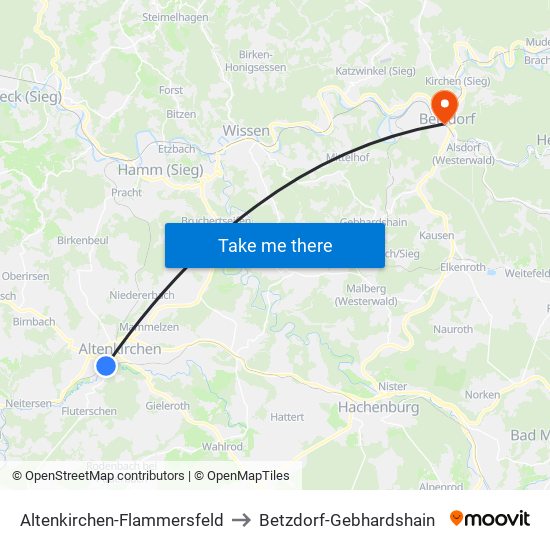 Altenkirchen-Flammersfeld to Betzdorf-Gebhardshain map