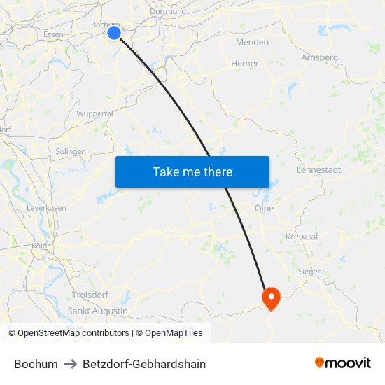 Bochum to Betzdorf-Gebhardshain map