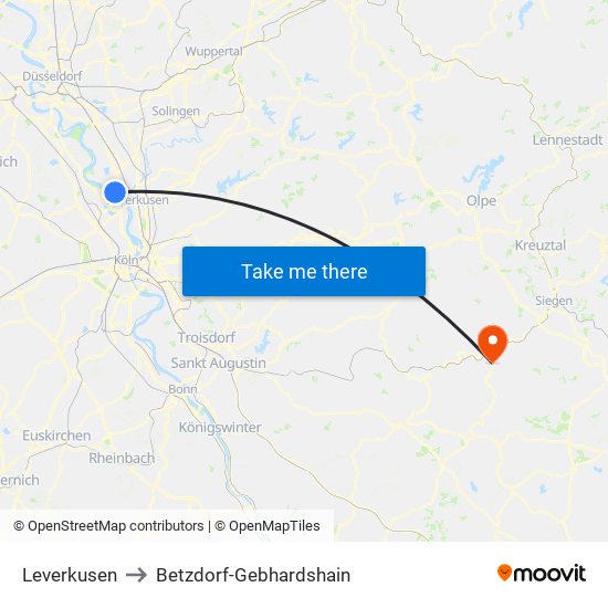 Leverkusen to Betzdorf-Gebhardshain map