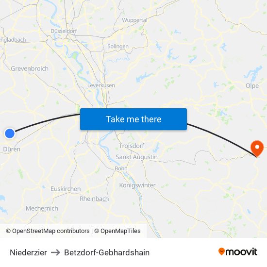 Niederzier to Betzdorf-Gebhardshain map