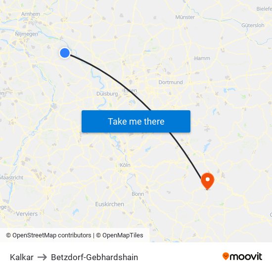 Kalkar to Betzdorf-Gebhardshain map