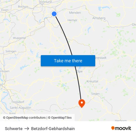 Schwerte to Betzdorf-Gebhardshain map