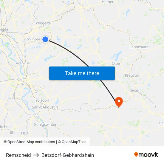 Remscheid to Betzdorf-Gebhardshain map