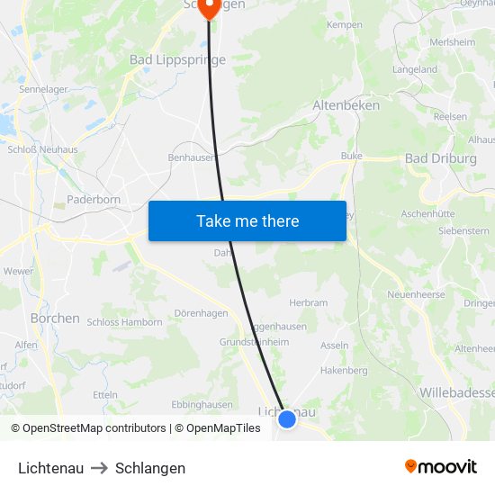 Lichtenau to Schlangen map