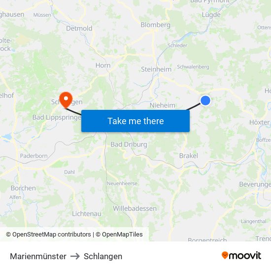 Marienmünster to Schlangen map