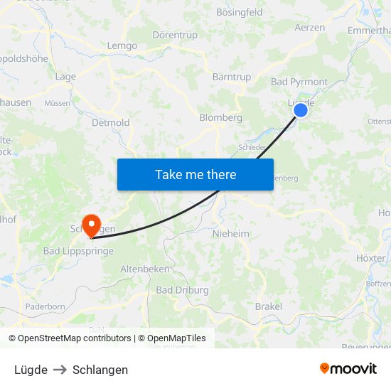 Lügde to Schlangen map