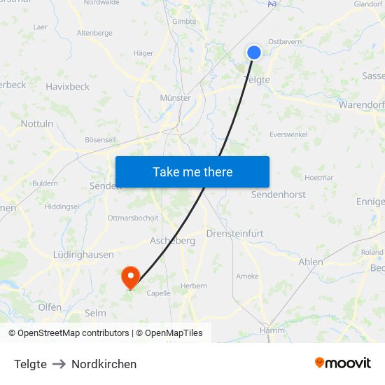 Telgte to Nordkirchen map