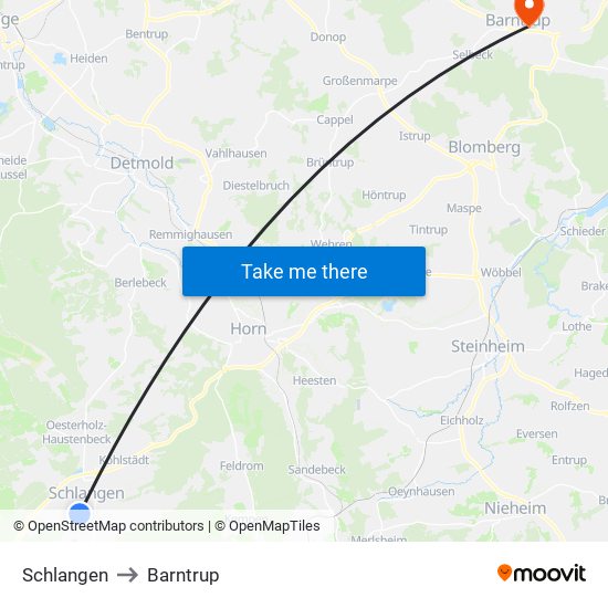 Schlangen to Barntrup map