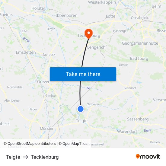 Telgte to Tecklenburg map