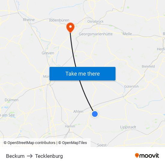 Beckum to Tecklenburg map