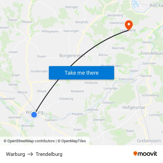 Warburg to Trendelburg map