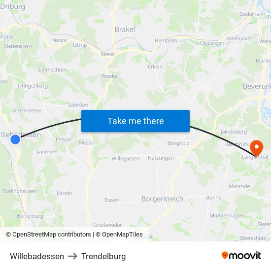 Willebadessen to Trendelburg map