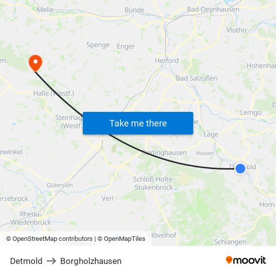 Detmold to Borgholzhausen map