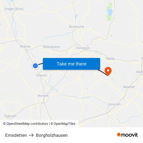 Emsdetten to Borgholzhausen map
