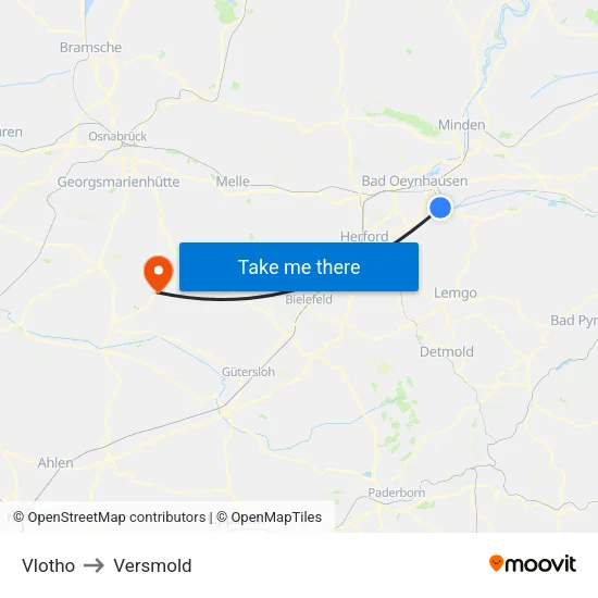 Vlotho to Versmold map