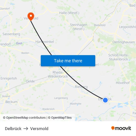 Delbrück to Versmold map