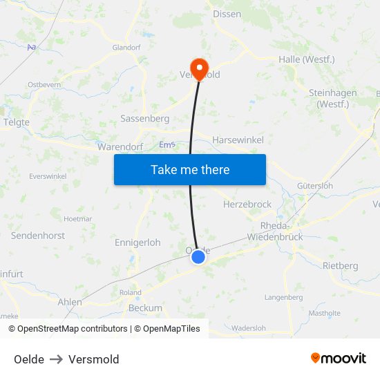 Oelde to Versmold map