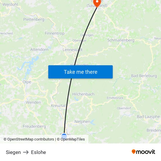 Siegen to Eslohe map