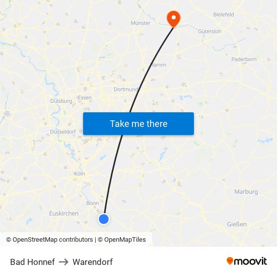 Bad Honnef to Warendorf map